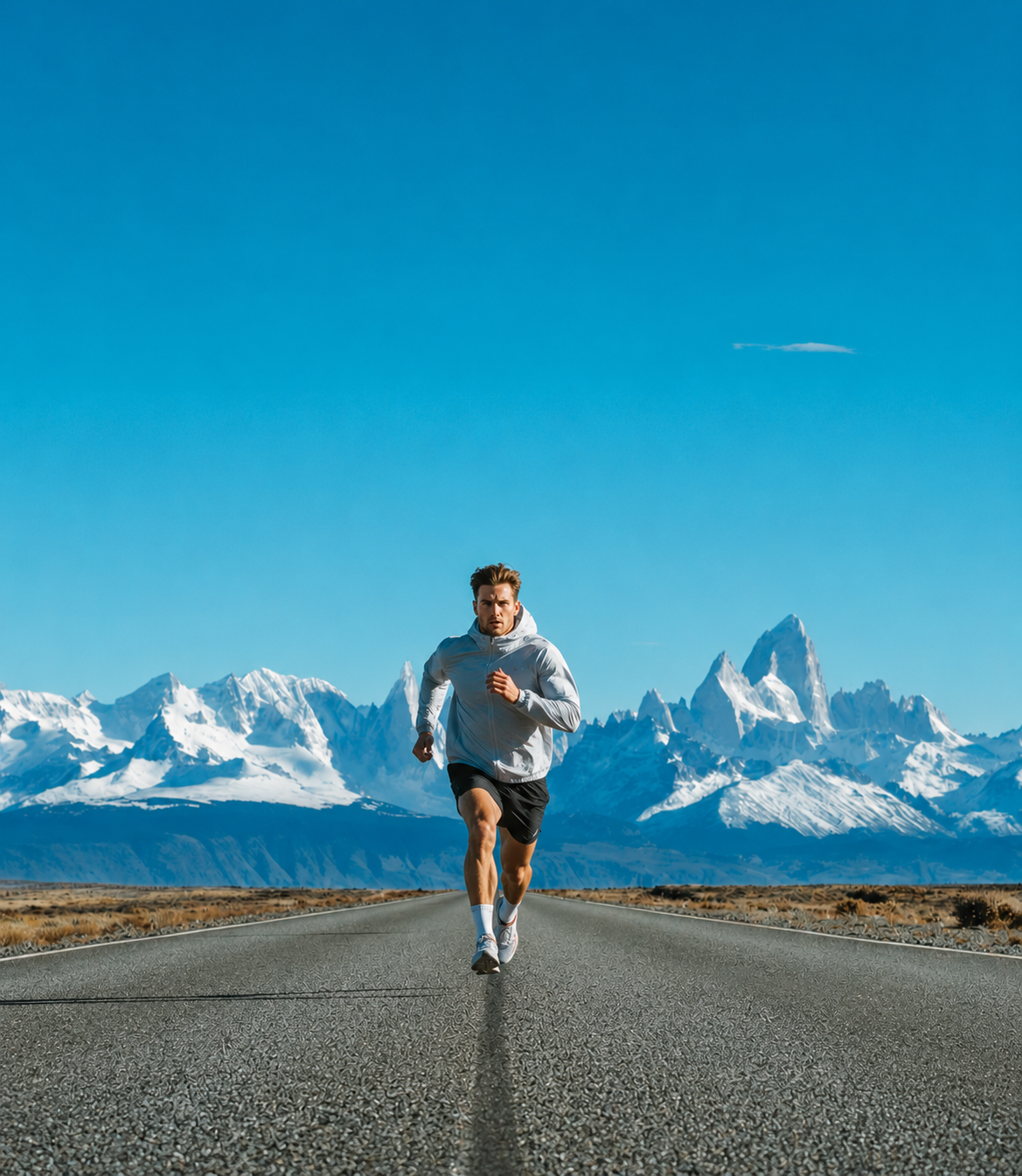 Runner on a mountain road toward snow-capped peaks